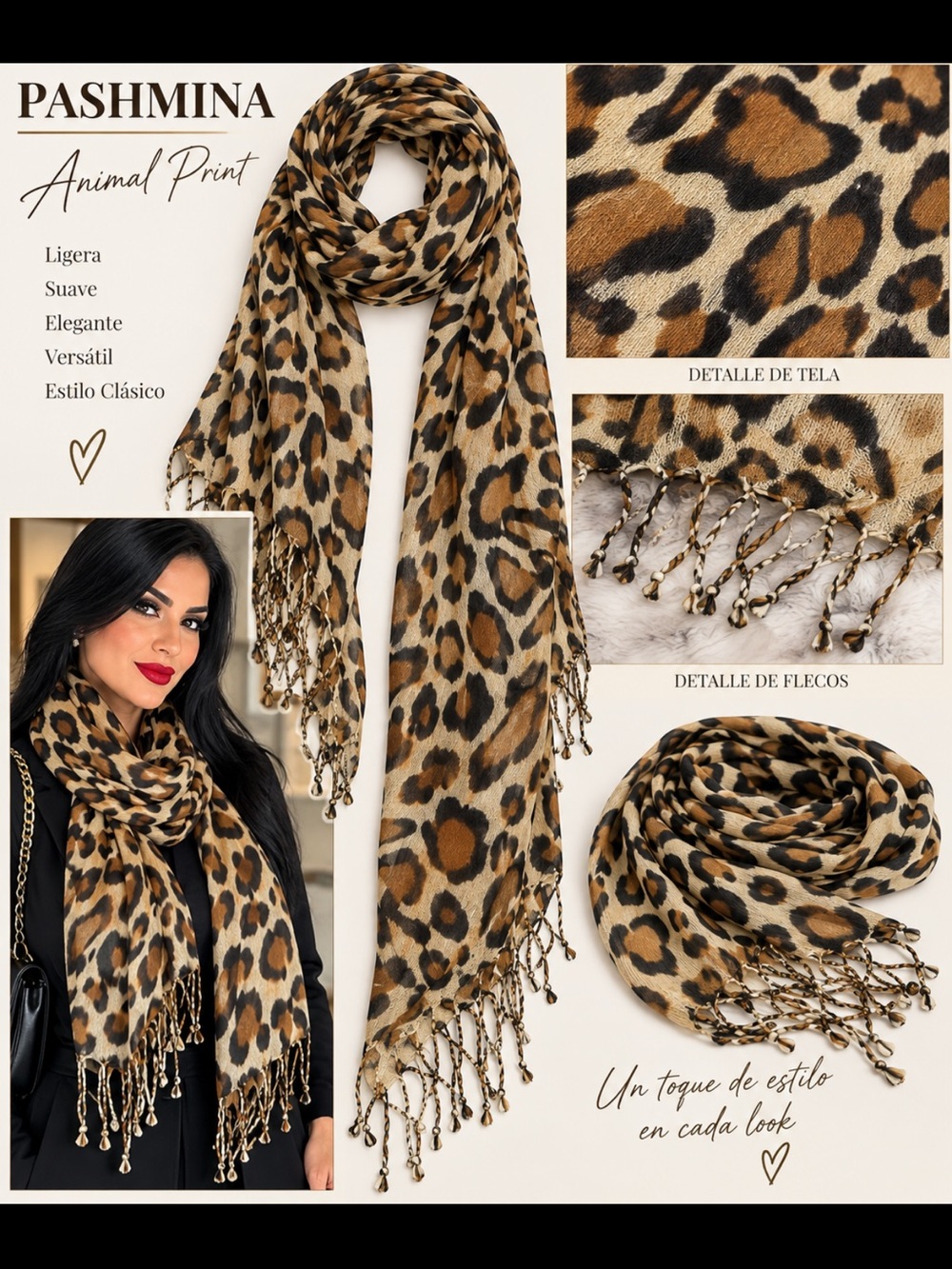 Leopard Print Pashmina Scarf - Brown Animal Print